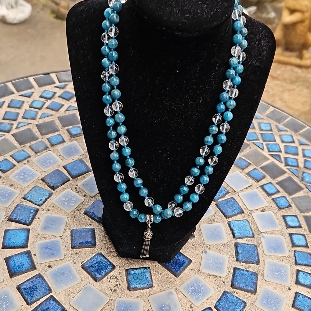Stone Clear Glass Hand Knotted Necklace Tassel Pendant No Clasp Blue/Clear W OS